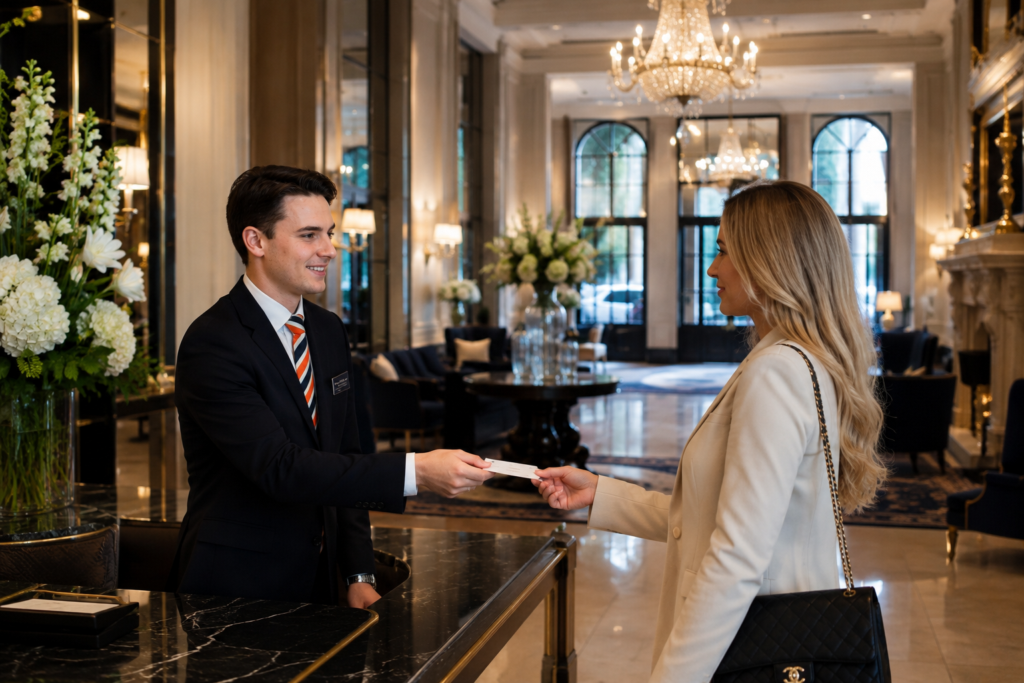 Student ontvangt een gast in de lobby van een luxe vijfsterrenhotel tijdens een praktijkgerichte hotelschoolopleiding.